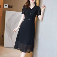 AEMAPE连衣裙2023夏季新款黑色娃娃领雪纺气质显瘦洋气名媛高级感裙子 黑色 L