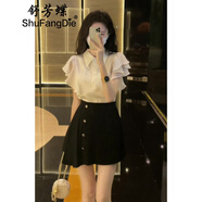 舒芳蝶（shufangdie）連衣裙女裝2025夏季新款收腰Polo領(lǐng)小飛袖上衣高腰顯瘦半裙套裝女 白色上衣+黑色半裙 XL