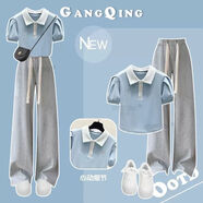 DOGHC女大童夏季套裝6-15歲初中高中學(xué)生18少女孩Polo領(lǐng)短袖T恤闊腿褲 8984藍Polo領(lǐng)T恤+灰闊腿褲 薄款 160 建議身高145-155厘米