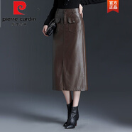 皮爾卡丹（pierre cardin）時尚PU皮裙半身裙女2025秋冬新款高腰包臀裙中長款直筒開叉一步裙 咖色 22/XL 2尺2      29碼