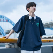 大魚界線 純棉T恤男短袖夏季潮流百搭上衣服男生t恤ins港風寬松圓領(lǐng)體恤衫 (小惡魔)深藍色 2XL(145-160斤)
