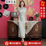 風(fēng)軒衣度 旗袍女長款2022春夏季新款高端燙鉆刺繡大碼中國風(fēng)修身氣質(zhì)日常改良宴會禮服走秀旗袍敬酒服 8138綠 XXL