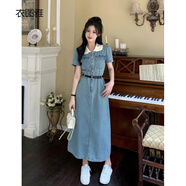 衣圖雅娃娃領(lǐng)牛仔連衣裙夏天女2024年新款休閑復古短袖收腰顯瘦A字裙子 長(cháng)款連衣裙 均碼（可備注碼數）