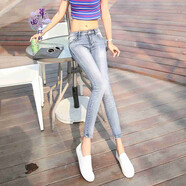 單曲循環(huán)潮牌低腰九分破洞緊身顯瘦鉛筆小腳褲牛仔褲女新款夏季薄款女褲子 淺藍色無(wú)破洞 27 建議92-100斤
