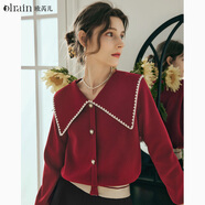 Olrain歐芮兒大翻領毛衣女春裝新款復古泡泡袖上衣 紅色 XL