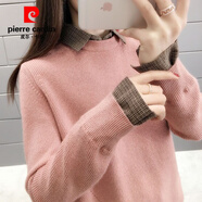 皮爾卡丹加絨加厚毛衣女秋冬新款套頭寬松韓版學(xué)生假兩件襯衫領(lǐng)羊毛針織衫 粉色9 S