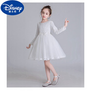 迪士尼（Disney）秋冬天 女童公主裙子白色紗裙連衣裙兒童花童參加婚禮小女孩禮服 白色加絨冬裝 140cm 建議8-9歲