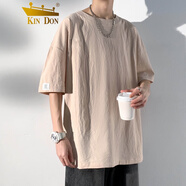 KIN DON短袖亞麻短袖t恤男夏季潮牌潮流大碼寬松衣服中國風棉麻體恤 杏色 XL