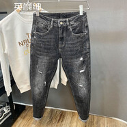 英爵紳（YINGJUESHEN）黑灰色做舊復古春夏破洞補丁牛仔褲男哈倫小腳韓版潮流彈力九分褲 黑灰色 31