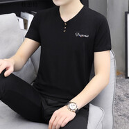牧思特短袖t恤男v領(lǐng)夏季韓版潮流冰絲感夏裝棉情侶T恤男士衣服半袖中年男裝夏天 5658黑色 XXXL