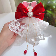 千寶萊兒童蝴蝶結發(fā)夾新年新中式紅色仿珍珠飄帶流蘇漢服發(fā)卡節日頭飾 裙擺蕾絲蝴蝶結