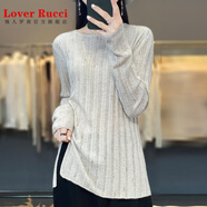 LOVER RUCCI秋羊毛圓領(lǐng)針織打底衫女寬松薄款顯瘦中長(cháng)款長(cháng)袖亮絲毛衣開(kāi)叉上衣 燕麥色 S
