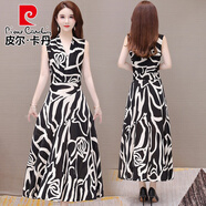 皮爾卡丹（pierre cardin）牛奶絲連衣裙女夏2025年氣質(zhì)中年時(shí)尚無袖長裙碎花吊帶大擺裙 16號(hào)色 L (95-115斤)