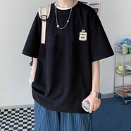 大魚界線純色t恤男潮牌潮流百搭ins寬松半袖男夏季新款青少年衣服男生短袖 口袋小熊-黑色 2XL(145-160斤）