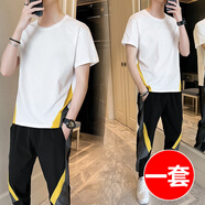 AFILMBY 休閑運動套裝男夏季衣服男裝冰絲運動服男短袖T恤健身服套裝夏天 白色(短袖+長褲) L(100-120斤)