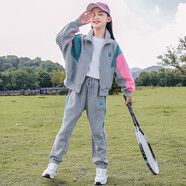 奧米鼠童裝女童套裝秋裝2022新款韓版兒童套裝小女孩時(shí)尚休閑外套中大童洋氣秋季運(yùn)動(dòng)兩件套潮3-15歲 灰色 140碼【正碼】