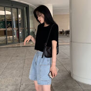 KAHTOP2025夏新款白色高腰短袖T恤女韓版露肚臍寬松短款上衣打底衫NGG 黑色 均碼 【圓】領(lǐng)