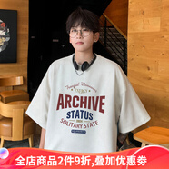 侯七爺（HOUQIYE）純棉短袖t恤男夏季日系寬松ins潮牌字母印花男士休閑重磅半袖體恤 杏色 L