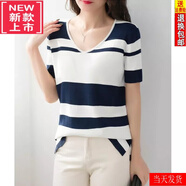 踏司紅冰絲短袖T恤女夏裝24新款針織衫套頭V領(lǐng)短袖拼色條紋打底上衣 藏青色 S