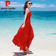 皮爾卡丹（pierre cardin）女夏紅色吊帶長(zhǎng)裙雪紡連衣裙露背裙三亞蜜月海邊度假沙灘裙針織 【紅色】YZ17A061 L 參考：110-120斤