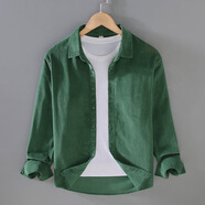 100%純棉春秋燈芯絨長(cháng)袖襯衫男條絨襯衣休閑寬松男士外套長(cháng)袖純色 方領(lǐng)無(wú)口袋綠色9717  常規 4XL （180-200斤）