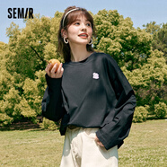 森馬森馬長(cháng)袖t恤女中長(cháng)款純棉特寬松上衣春秋裝撞色小熊t恤衫 黑色90001 特寬松款 150/76A/XS