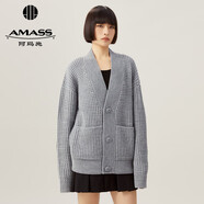 阿瑪施（AMASS）女裝時(shí)尚百搭華夫格V領(lǐng)寬松粗棒厚款針織開衫毛衣外套女5499196 灰 L (4碼)