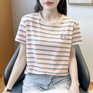 紅粉宣言（HOFESOWEN）條紋T恤女短袖圓領(lǐng)寬松內(nèi)搭打底衫夏季2024年半袖上衣 粉紅色 3XL