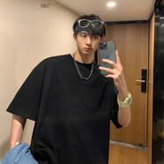 大魚界線短袖t恤男潮牌夏季潮流半袖ins港風(fēng)寬松印花圓領(lǐng)體恤帥氣上衣服男 純黑色 L (120-130斤)