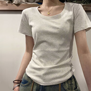 妙奕嘉正肩短袖女純棉t恤女士新款夏季女裝修身潮流辣妹顯瘦上衣夏裝 短袖【淺灰色】 L 【建議 95-105斤】