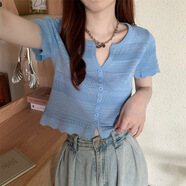 KAHTOP2025夏新款韓版短袖針織衫夏季女修身短款條紋上衣女裝打底衫BLL 法式溫柔領(lǐng)V藍色 均碼 【75斤-120斤】