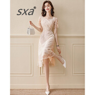 SXA香港潮牌短袖改良旗袍連衣裙女夏2024新款蕾絲雪紡氣質(zhì)名媛A字裙 杏色 S