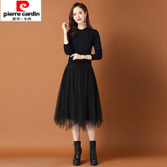 皮爾卡丹針織連衣裙年秋季新款時(shí)尚洋氣假兩件女裝配大.衣蕾絲打底裙子 黑色 M