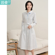 茵曼（INMAN）春女裝新款休閑學(xué)院風(fēng)提花格子顯瘦連衣裙 深藍(lán)白格 XL