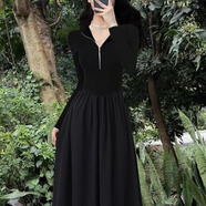 簡(jiǎn)輕逸赫本風(fēng)黑色針織連衣裙秋冬配大衣女裝套裝裙子新款禮服長(cháng)裙氣質(zhì) 黑色拉鏈長(cháng)袖A字赫本風(fēng)連衣裙 L 【建議100-105斤】