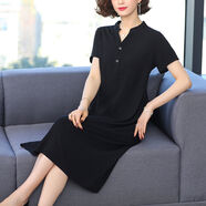 棉綢連衣裙夏時尚外穿棉綢連衣裙年輕款棉綢連衣裙人造綿過膝純色女士裙子夏裝中長款綿綢遮小腹 黑色 2XL 115-130斤