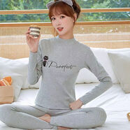 沛阮秋衣秋褲女純棉套裝少女學(xué)生薄款全棉保暖內衣初高中生大童棉毛衫 麻灰色字母【中領(lǐng)套裝打底衫褲】 2XL 建議體重：115-130斤