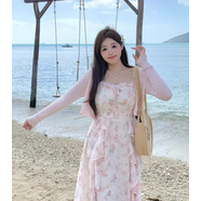 世希大碼甜美風粉色碎花連衣裙女夏季胖mm藏肉顯瘦溫柔風收腰吊帶長裙 粉色連衣裙 2XL