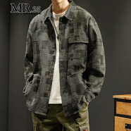 MR.25襯衫男春秋季新款高級感重磅潮牌寬松大碼上衣美式工裝襯衣外套男 黑色 2XL