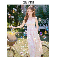 歌依妮2025夏季女裝茶歇法式顯瘦碎花裙子吊帶裙子雪紡連衣裙長裙 粉色 L