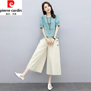 皮爾卡丹（pierre cardin）時(shí)尚棉麻套裝女夏季新款復(fù)古大碼寬松顯瘦休閑時(shí)尚百搭亞麻兩件套 淺藍(lán)色 M建議90-105斤