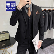 羅蒙（ROMON）輕熟風(fēng)休閑大碼西服套裝男韓版修身兩?？廴淄ㄇ谏虅?wù)小西裝潮 黑色【西裝+馬甲+西褲】 2XL (建議135-145斤內(nèi))