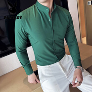 花花公子冰絲垂感彈力男士襯衫立領(lǐng)長(cháng)袖商務(wù)休閑青年衫修身韓版潮流襯衣 墨綠色 L (115-135斤)