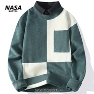 NASA MARVEL針織衫男韓版潮流拼接假兩件襯衫領(lǐng)毛衣男寬松百搭線衣男 （680g升級版）8059湖藍(lán) XL (約120~160斤可穿)