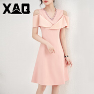 XAQ高端輕奢連衣裙女夏季時尚名媛氣質(zhì)小香風(fēng)鑲鉆露肩收腰顯瘦A字裙 粉色 L