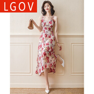 LGOV女裝旗艦店吊帶連衣裙女夏2025年夏季新款沙灘性感雪紡碎花法式雪紡長(cháng)款裙子 薔薇花色 XL
