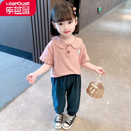 樂芭鼠女寶寶套裝夏裝嬰幼兒童裝衣服洋氣女童套裝棉麻休閑時髦夏季1-7歲中小童小女孩短袖t桖褲子兩件套 粉紅色（純色領(lǐng)） 100碼建議2-3歲 (身高90-100cm)