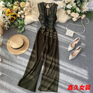 美安嘉連體褲女新款OL女裝心機(jī)鏤空露背無袖蕾絲拼接收腰顯瘦闊腿褲 綠色 均碼