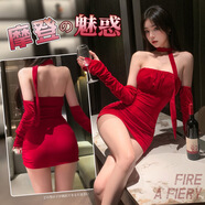 霏慕學(xué)生制服情趣內(nèi)衣女sm套裝誘惑性感jk女角色扮演開襠免脫約會戰(zhàn)袍 6155甜辣露肩抹胸絲絨包臀裙激情大紅色誘惑