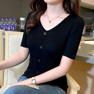 朵伶詩(shī)兒冰絲針織衫短袖2023夏裝新款韓版薄款顯瘦單排扣V領(lǐng)套頭打底衫女 黑色 M 建議95-105斤